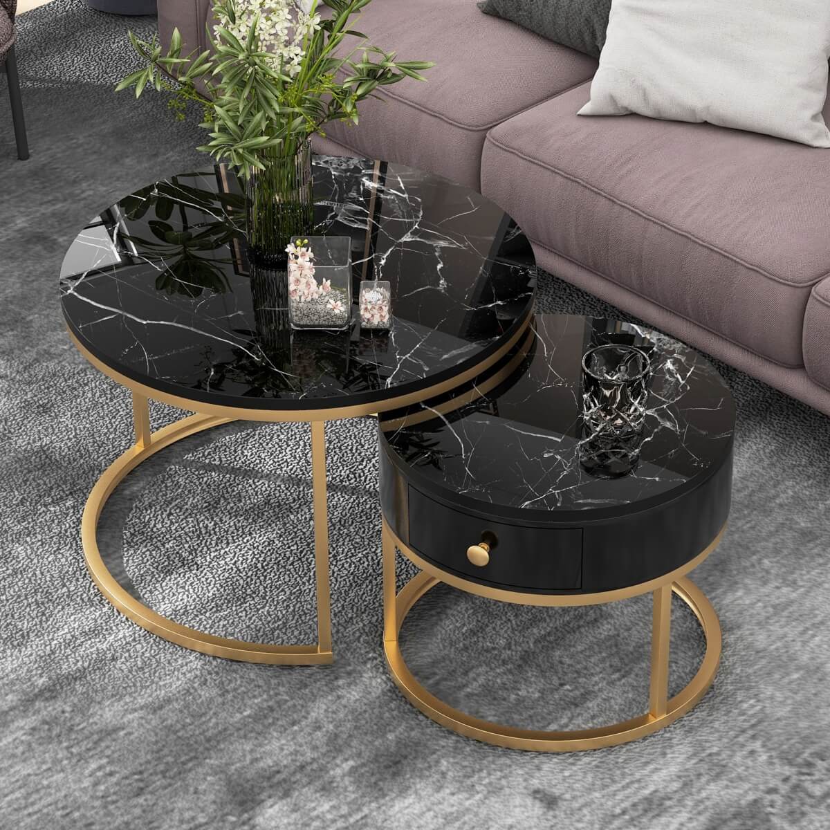 Set of 2 Round Nesting Coffee Tables with Drawer - Marble Effect Tops and Gold Metal Frames, Living Room Side Tables