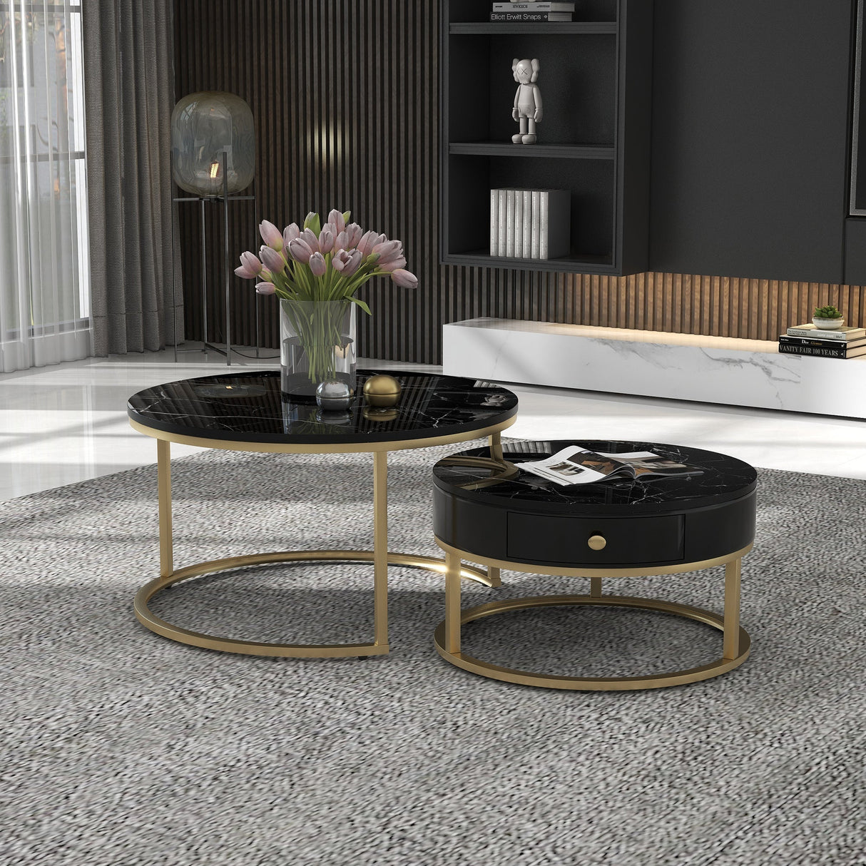 Round Coffee Tables with drawer, Removable Set of 2 End Table, Nesting Tables with Storage Gold Metal Frame Legs and Marble Pattern Top