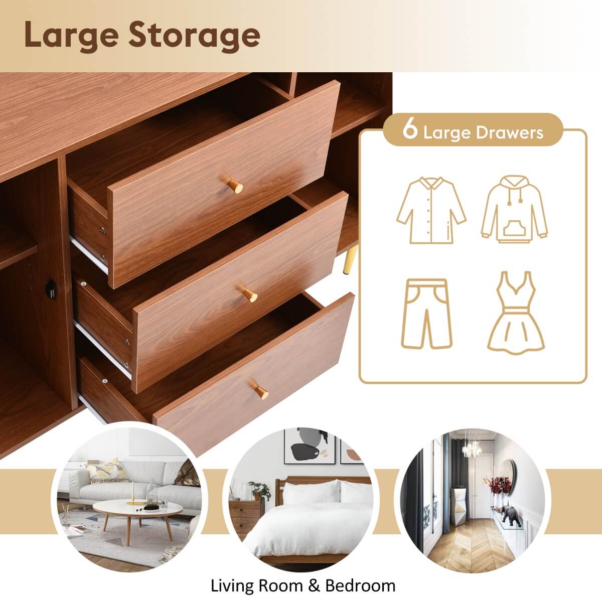 Rattan Sideboard Cabinet – Walnut Storage Unit with 2 Doors and 3 Drawers