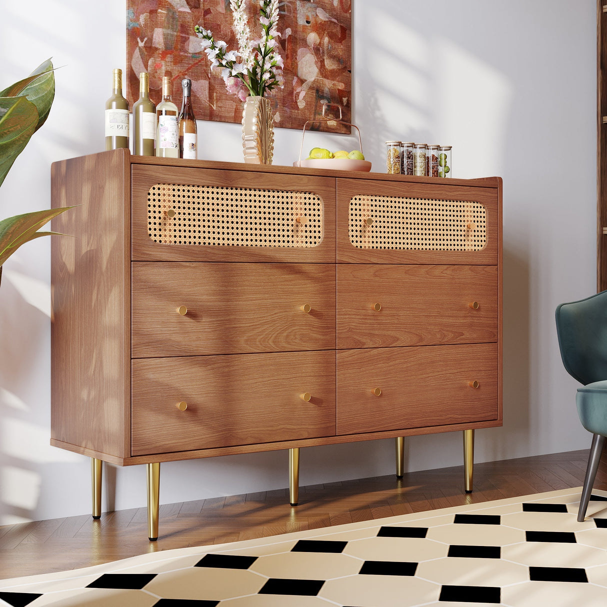 Rattan Sideboard Cabinet with 6 Drawers for Living Room, Walnut