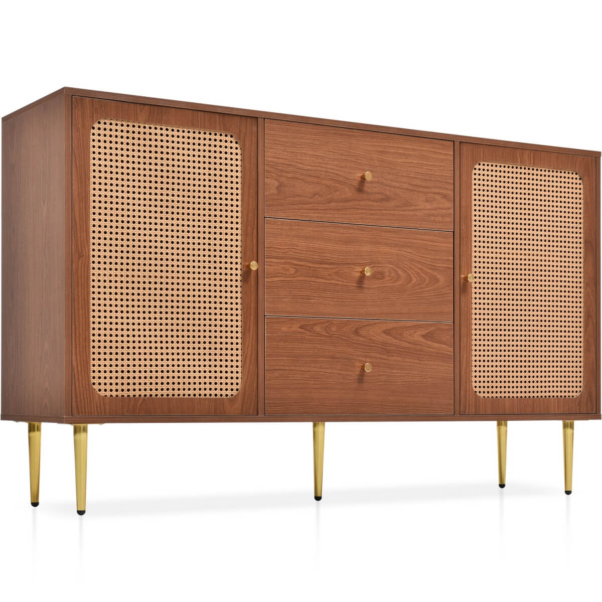 Rattan Sideboard Cabinet – Walnut Storage Unit with 2 Doors and 3 Drawers
