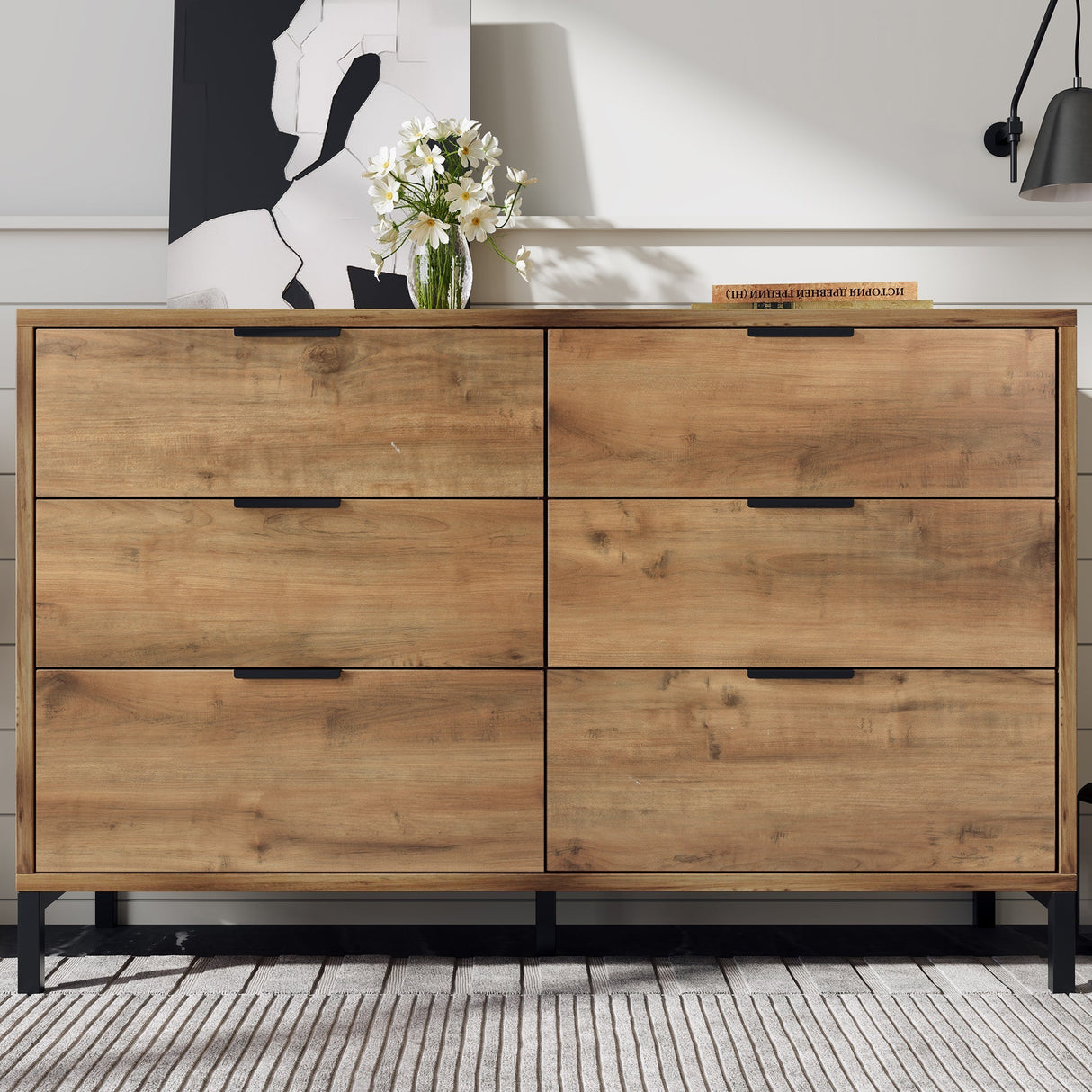 Sideboard Cabinet for Living Room with 6 Drawers, Dark Oak, 40D x 120W x 76H cm