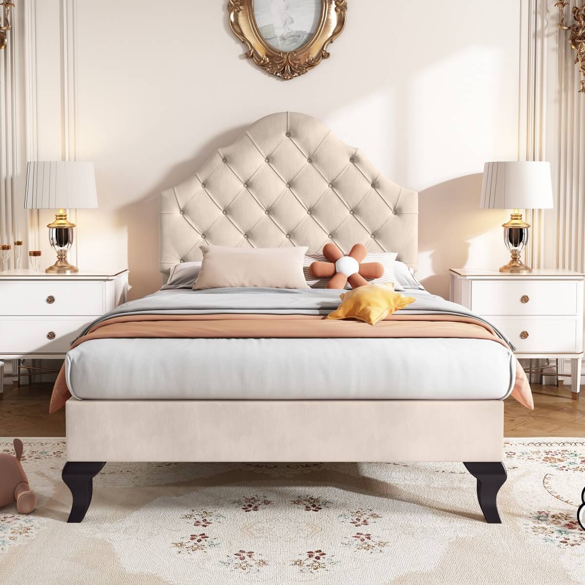 3ft Upholstered Single Bed - Velvet Bed Frame with Adjustable Headboard, Beige