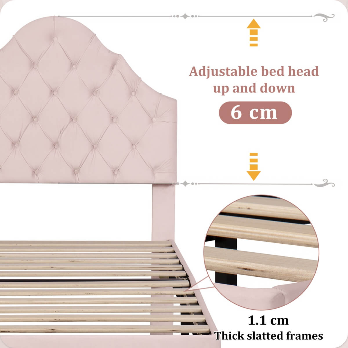 3FT Single Upholstered Velvet Bed - Slatted Frame with Adjustable Headboard