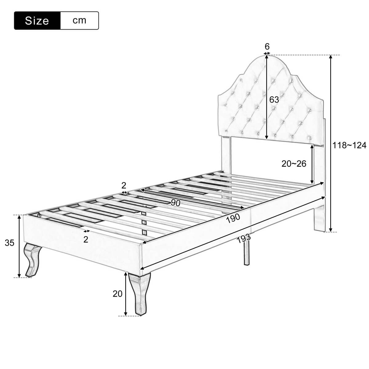 3FT Single Upholstered Velvet Bed - Slatted Frame with Adjustable Headboard