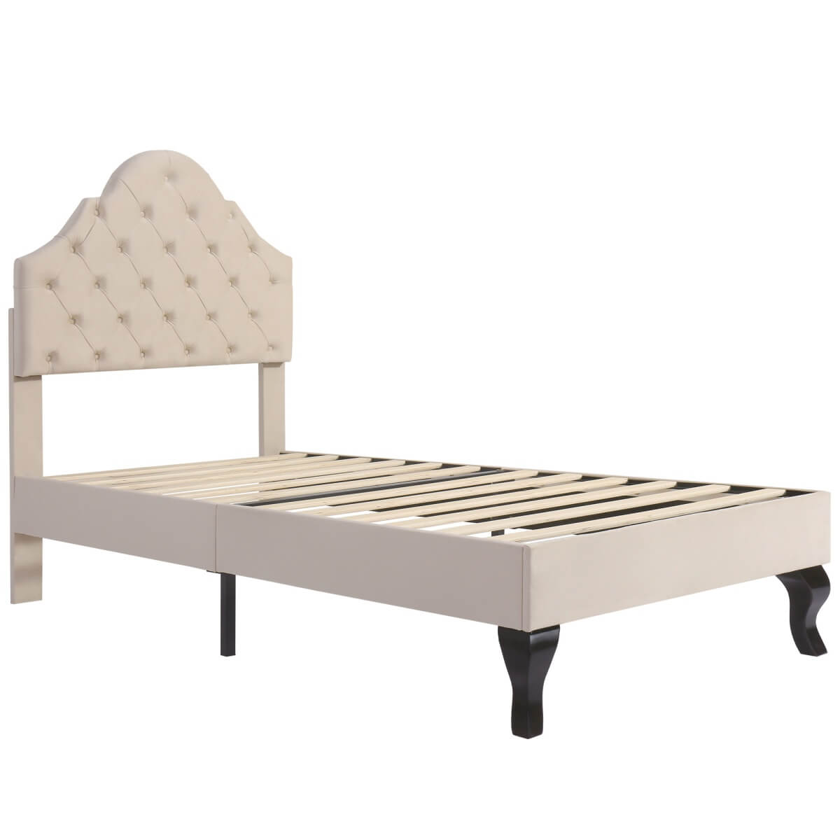 3ft Upholstered Single Bed - Velvet Bed Frame with Adjustable Headboard, Beige