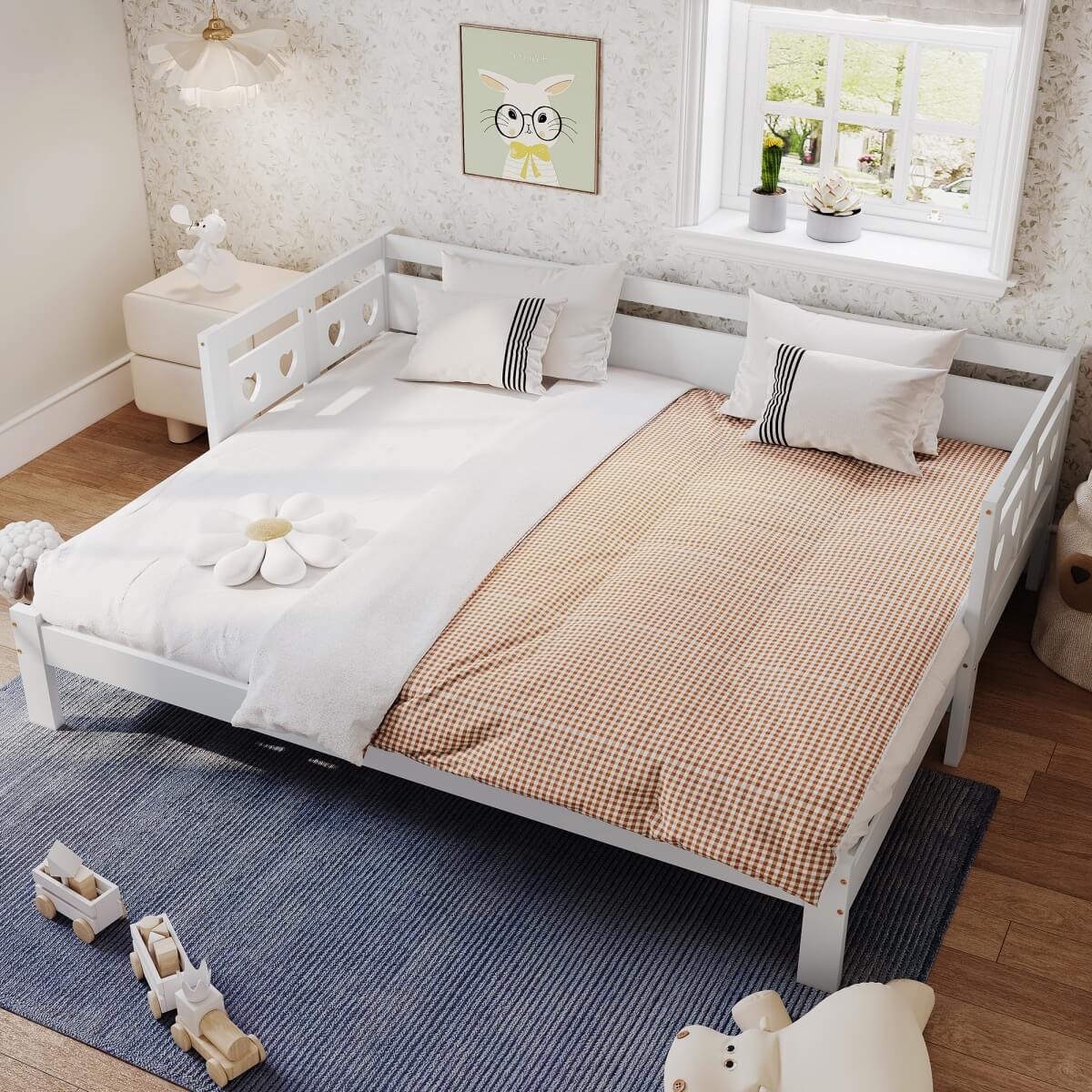 3ft Wooden Daybed with Trundle - Heart Design, Single Guest Bed, White
