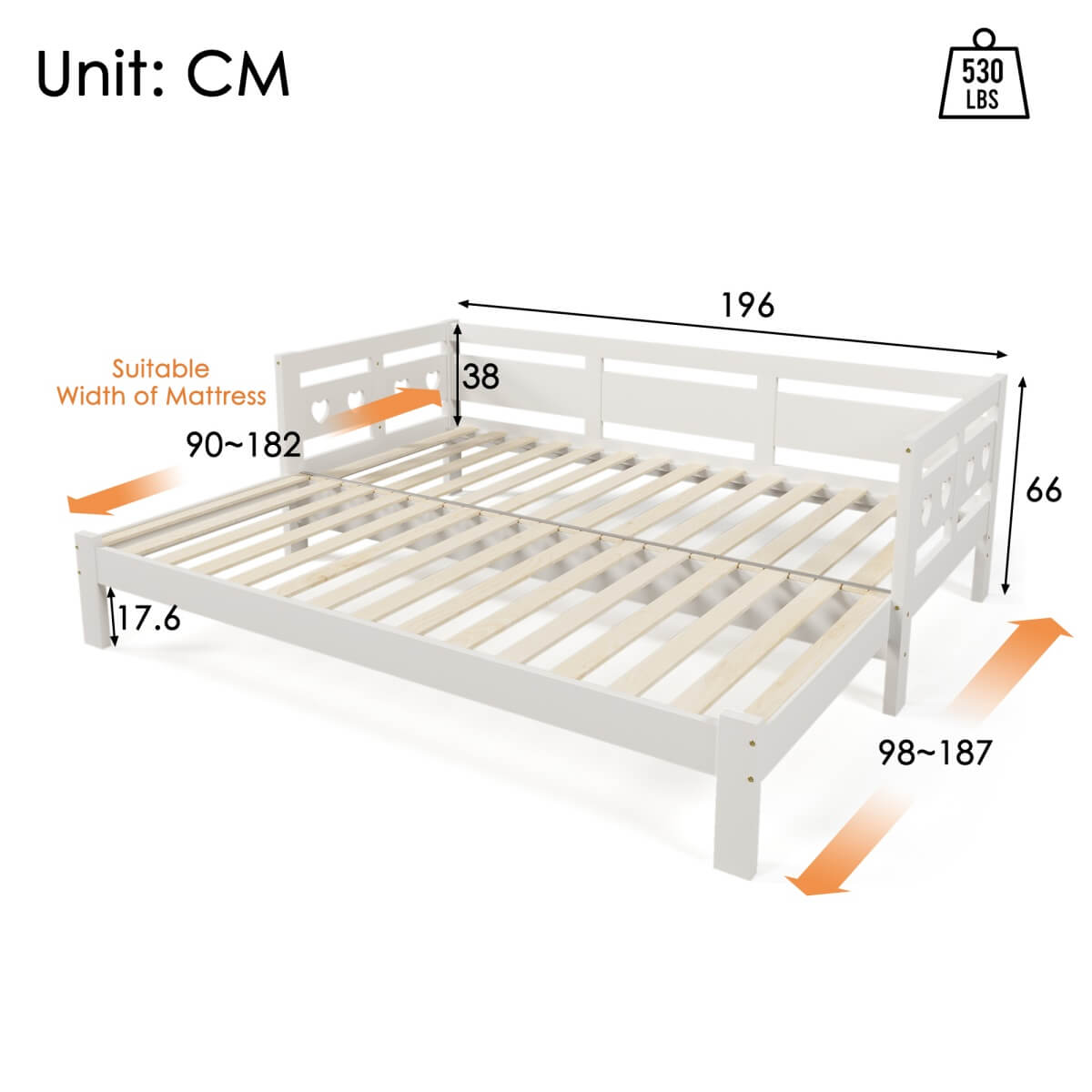 3ft Wooden Daybed with Trundle - Heart Design, Single Guest Bed, White