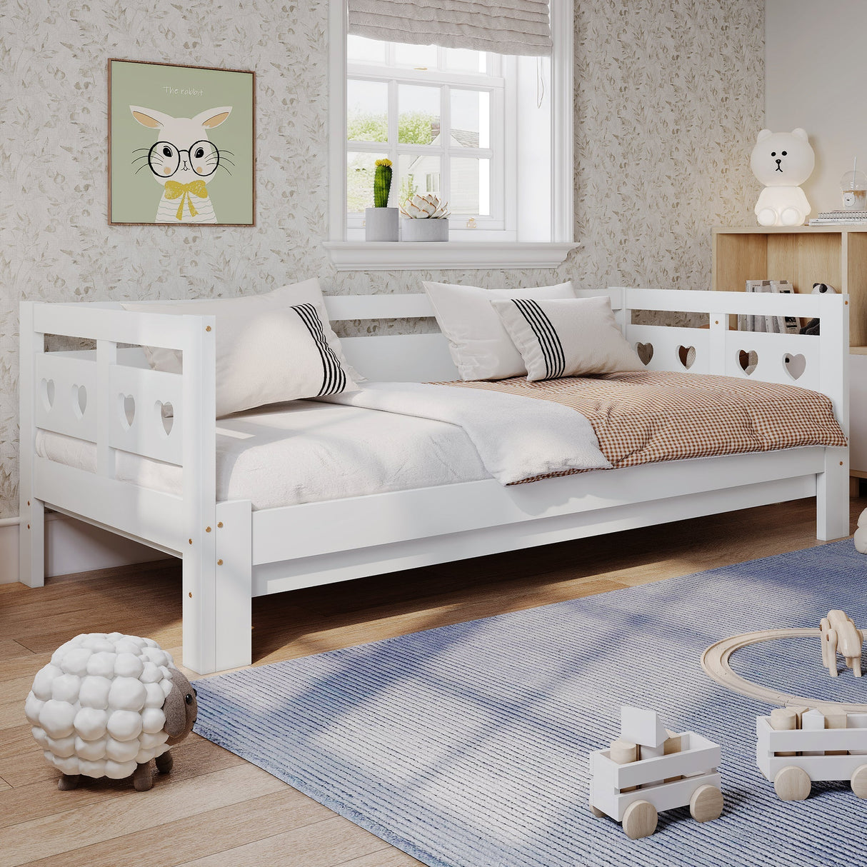 Daybed Cabin Bed Wooden 3FT Single Sofa Guest Bed with Pull-out Trundle, Heart-Shaped, White Wood