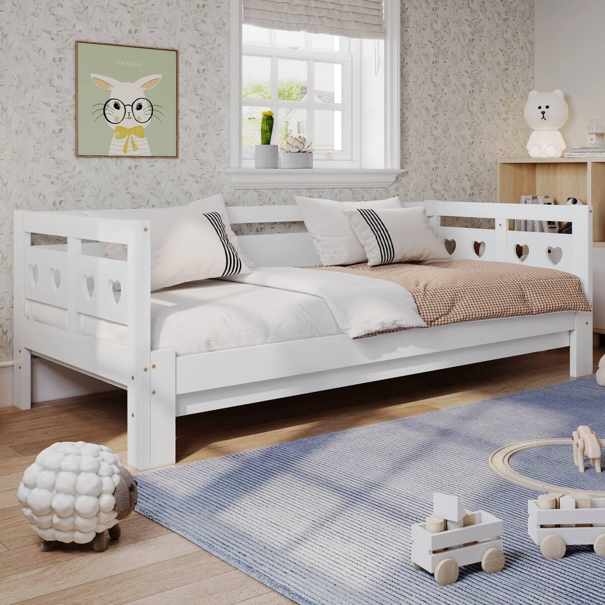 3ft Wooden Daybed with Trundle - Heart Design, Single Guest Bed, White