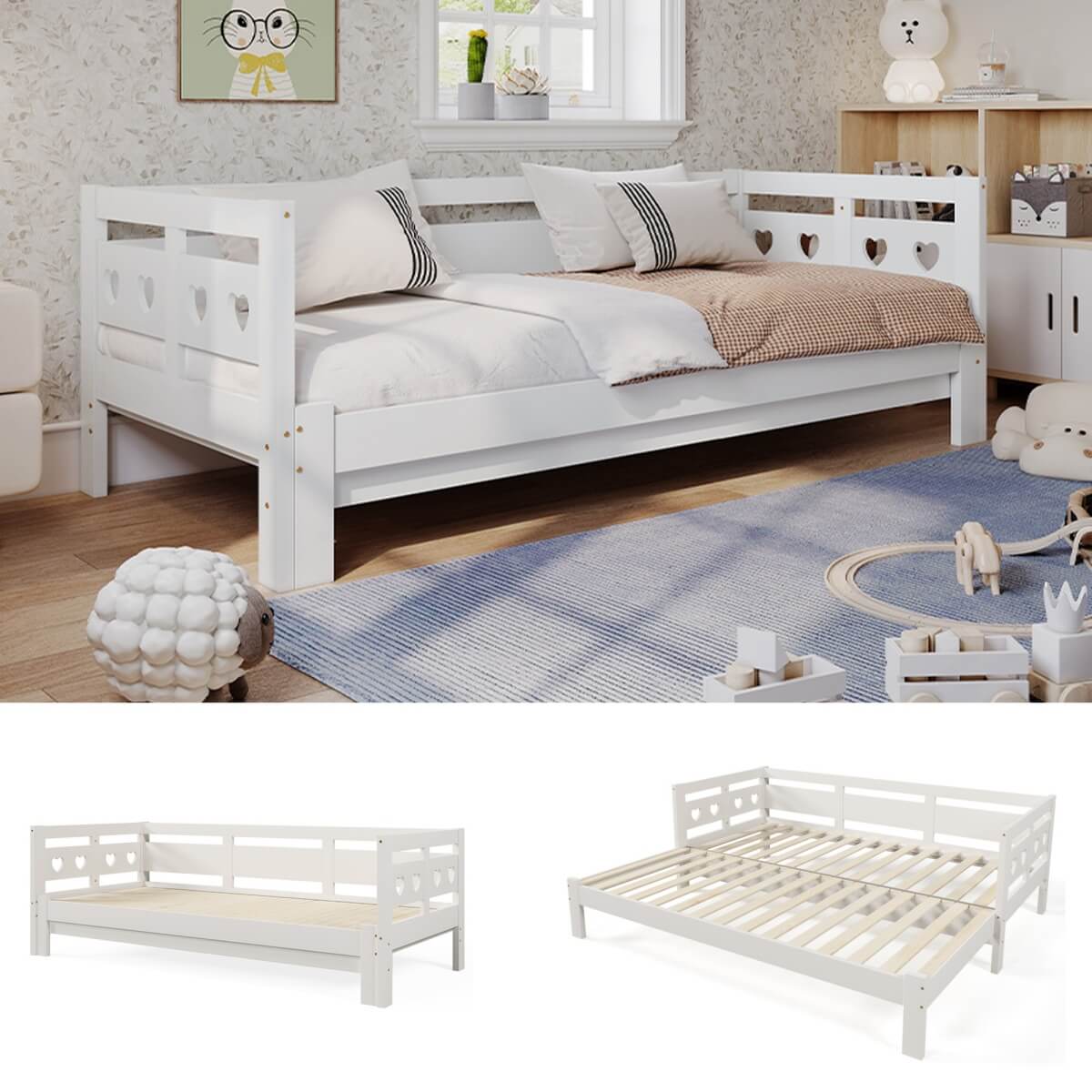 3ft Wooden Daybed with Trundle - Heart Design, Single Guest Bed, White