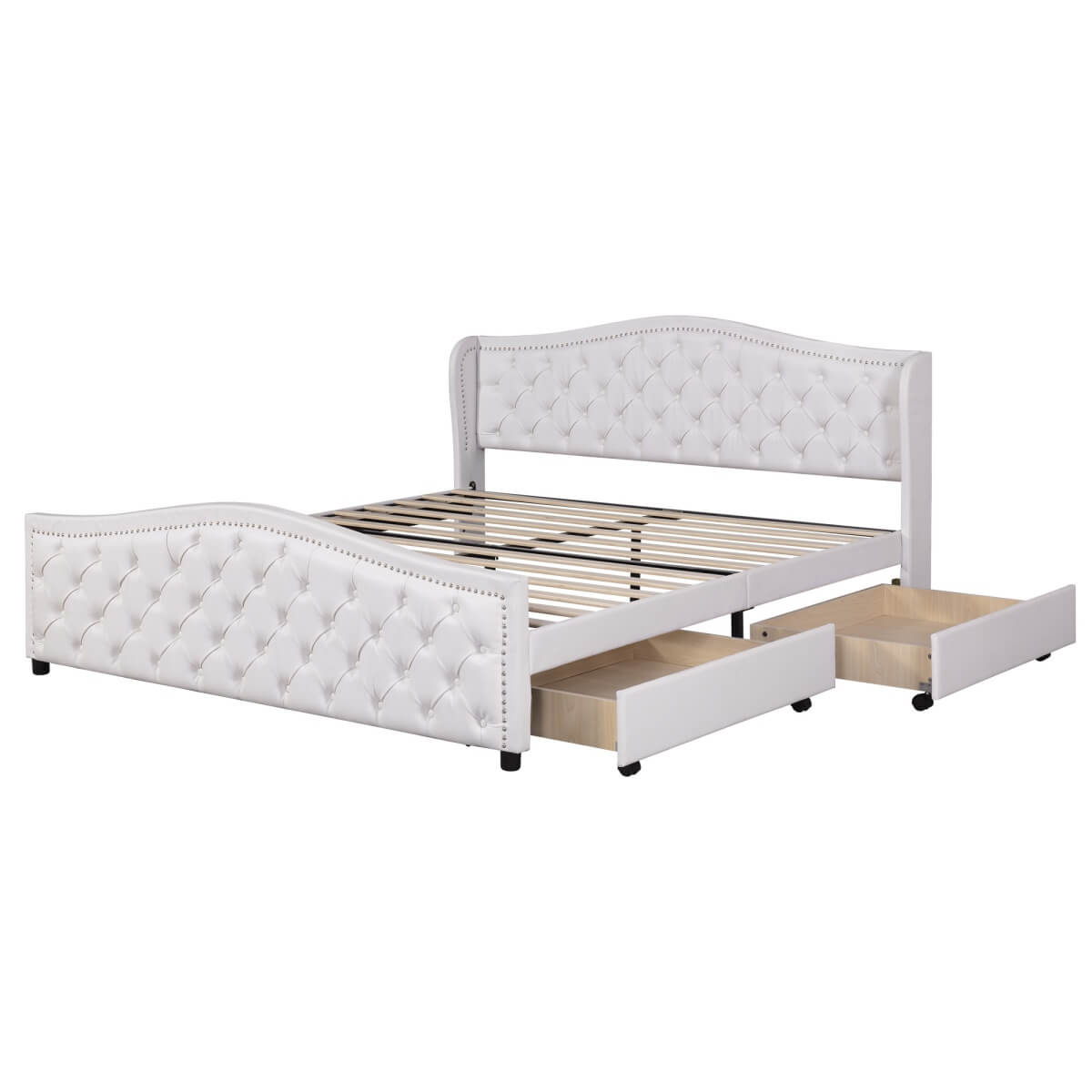 4ft6 Double Upholstered Bed – White Faux Leather Bed Frame with 2 Storage Drawers and Riveted Headboard