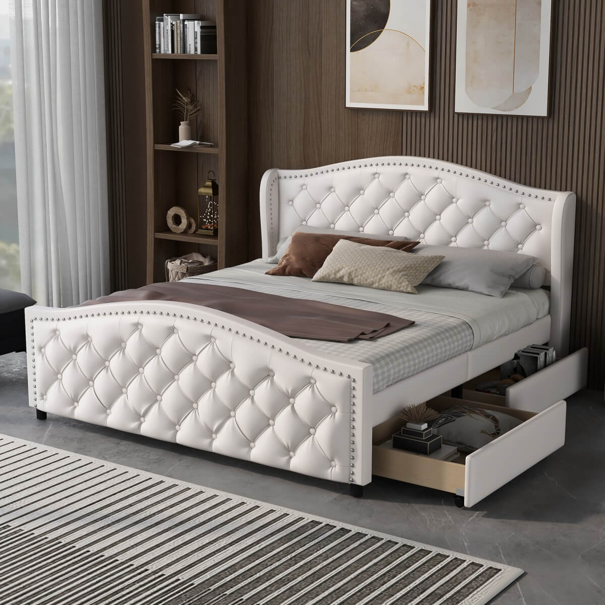 4ft6 Double Upholstered Bed – White Faux Leather Bed Frame with 2 Storage Drawers and Riveted Headboard