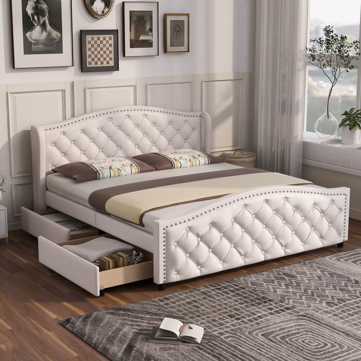 4ft6 Double Upholstered Bed – White Faux Leather Bed Frame with 2 Storage Drawers and Riveted Headboard