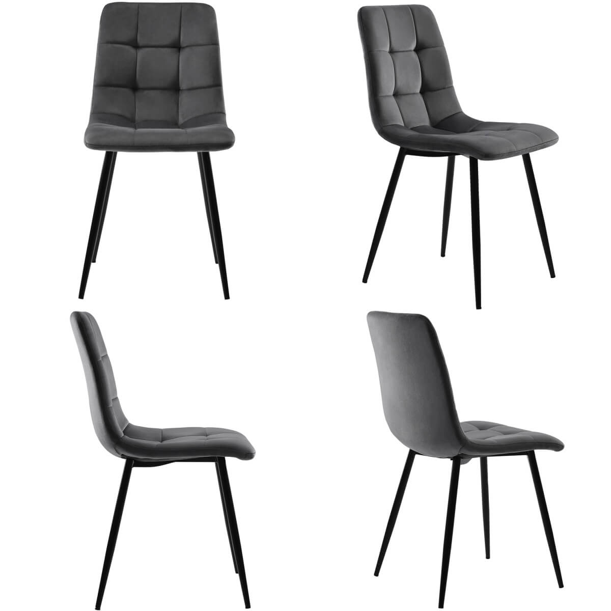 4-Piece Dark Grey Velvet Dining Chairs – Upholstered Backrest, Metal Frame