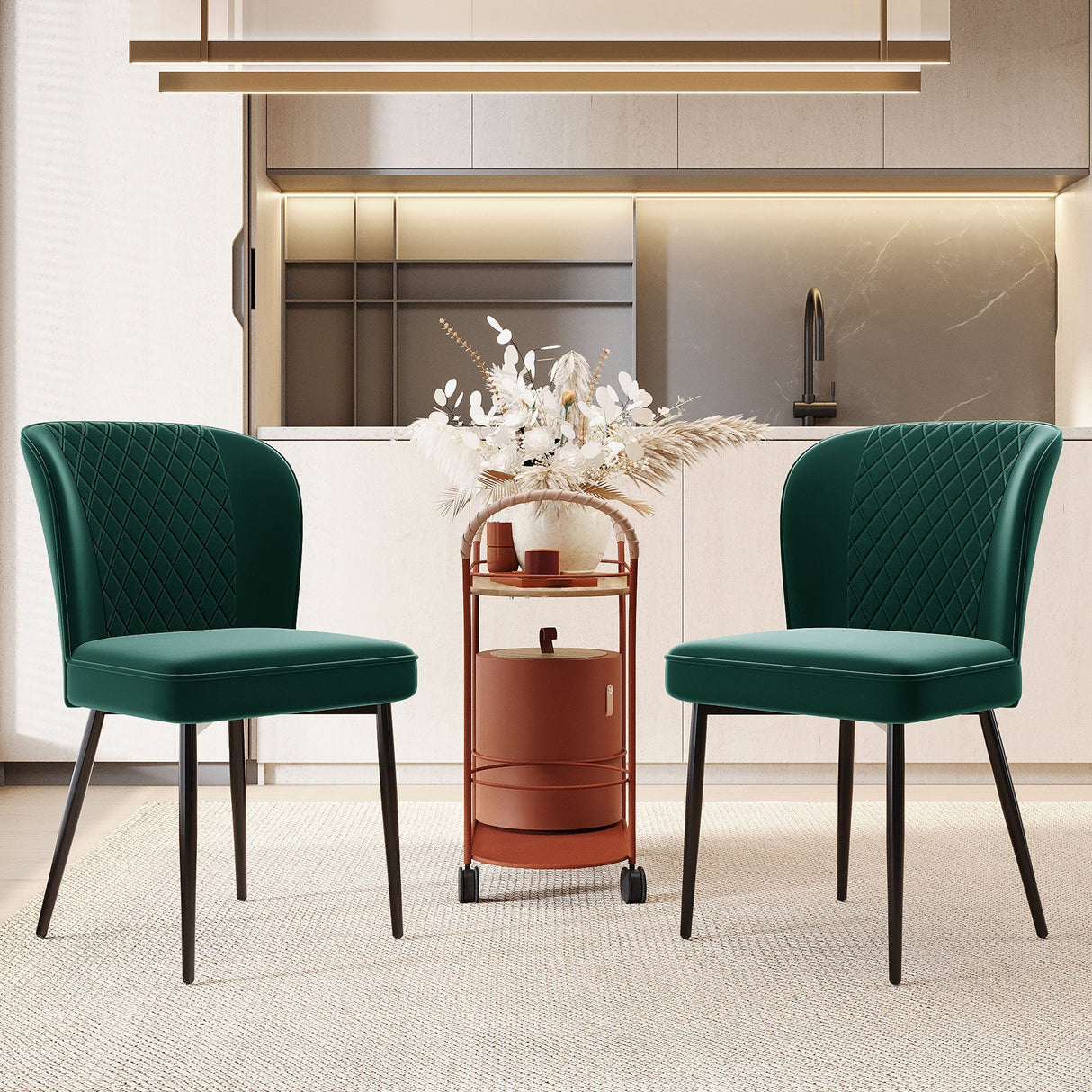 Velvet Dining Chair (2 pcs), Dark Green, Upholstered with Metal Legs