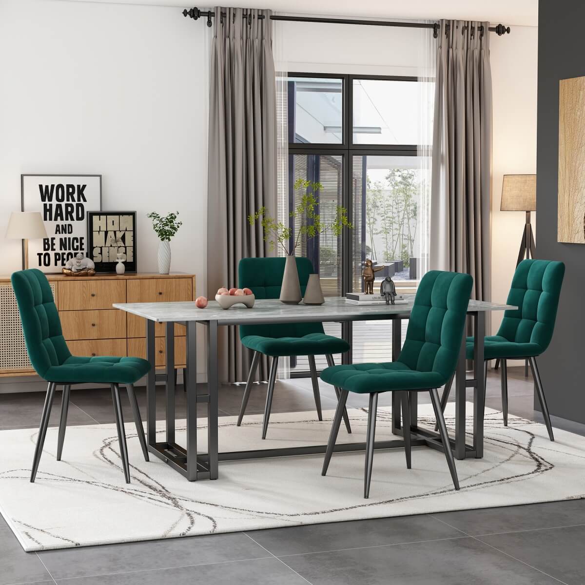 4-Piece Dark Green Velvet Dining Chairs – Upholstered Backrest, Metal Frame