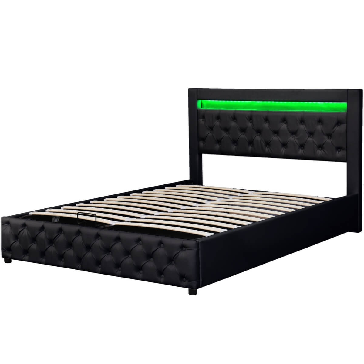 4ft6 Double Upholstered Storage Bed – PU Leather Bed Frame with Slatted Base and Colour Changing LED Lights