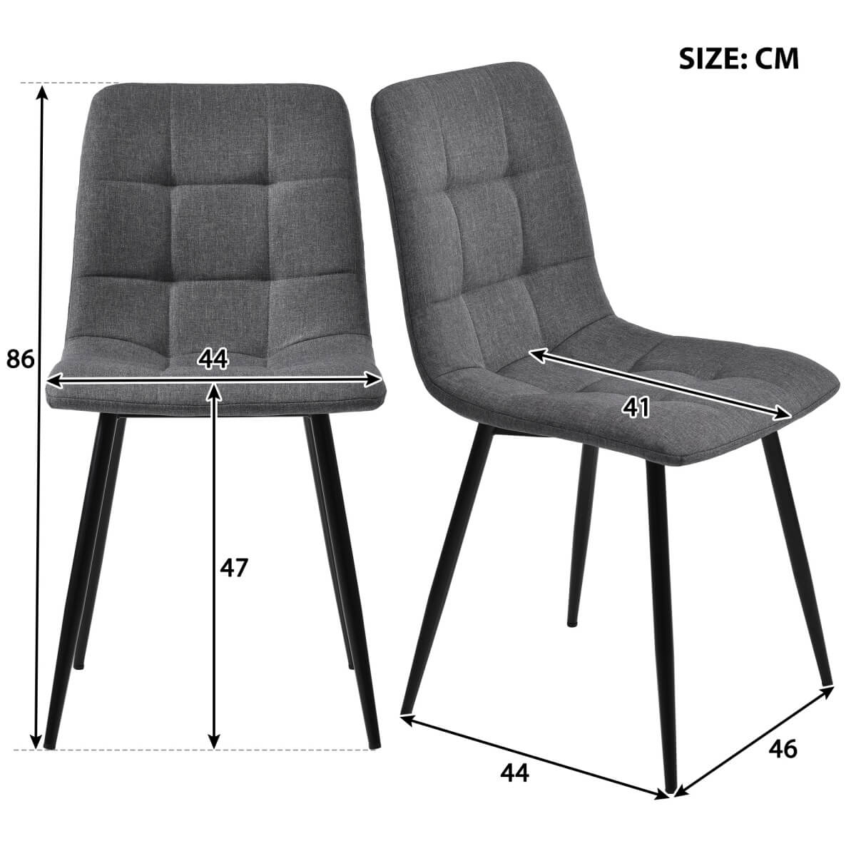 Modern Dining Set for 4 - Rectangular Black Table with Dark Grey Linen Chairs