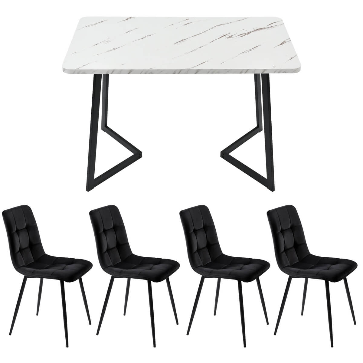 Modern Dining Set for 4 - Black Rectangular Table with Black Velvet Chairs