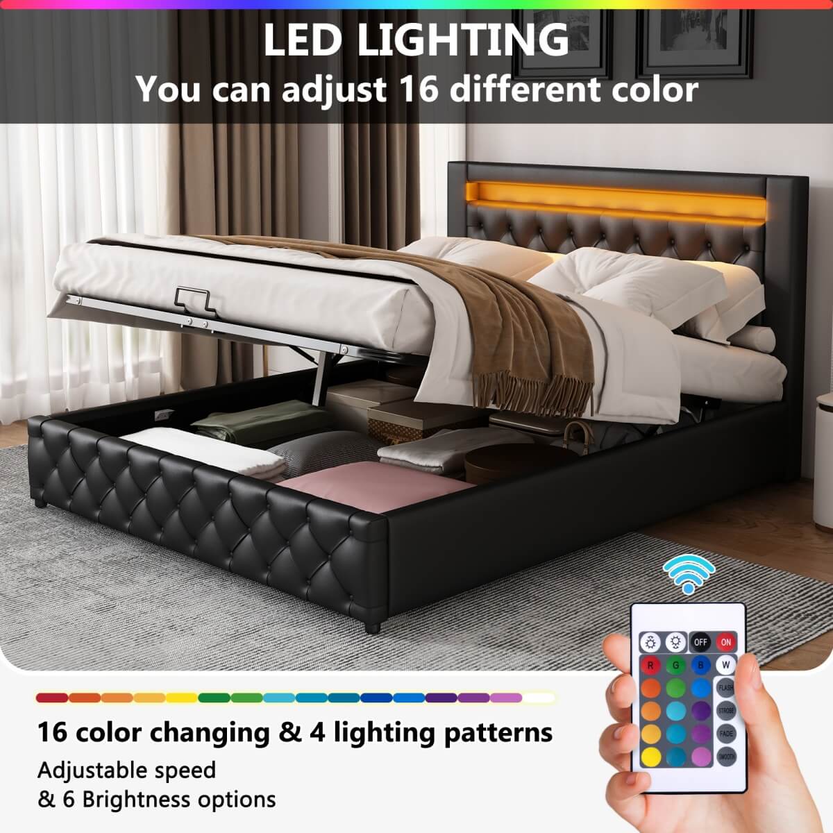 4ft6 Double Upholstered Storage Bed – PU Leather Bed Frame with Slatted Base and Colour Changing LED Lights