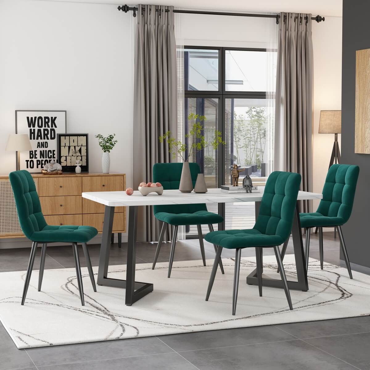 Modern Dining Set for 4 - Rectangular Black Table with Dark Green Velvet Chairs