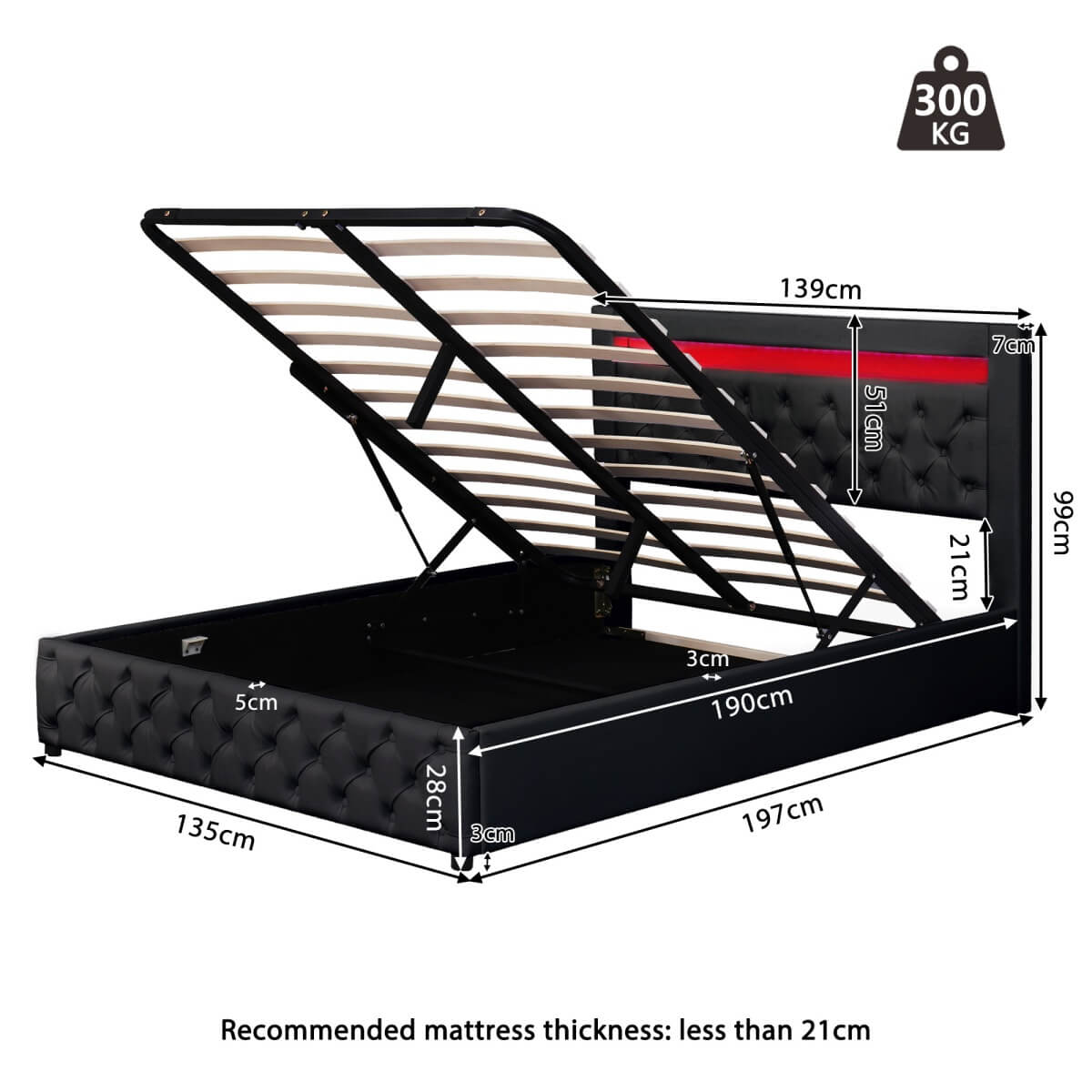 4ft6 Double Upholstered Storage Bed – PU Leather Bed Frame with Slatted Base and Colour Changing LED Lights