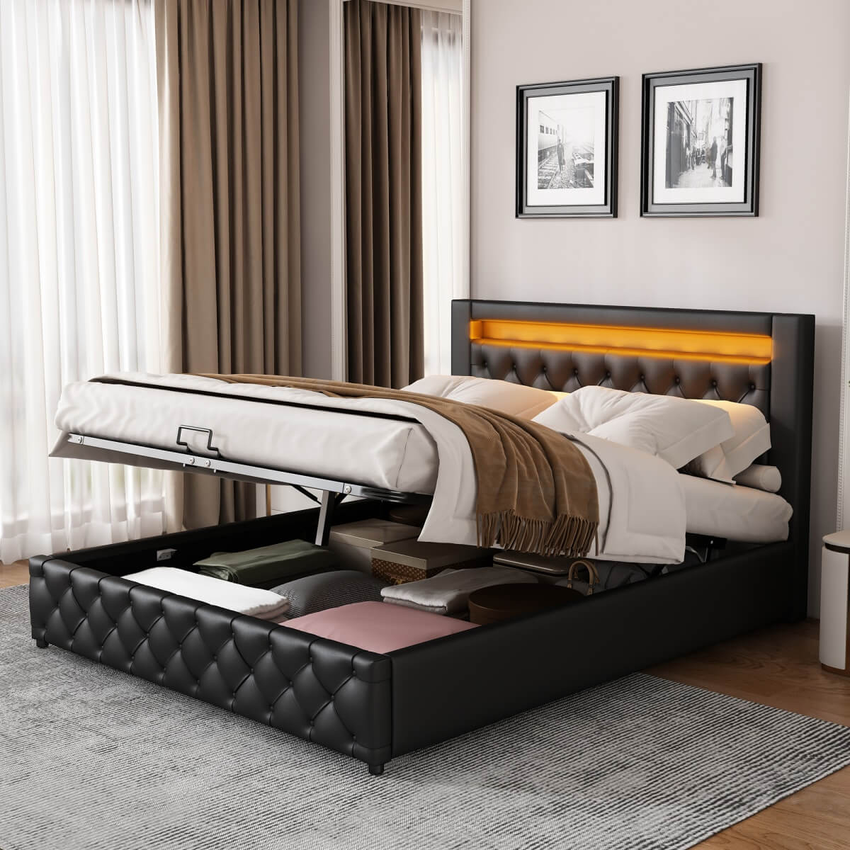 4ft6 Double Upholstered Storage Bed – PU Leather Bed Frame with Slatted Base and Colour Changing LED Lights