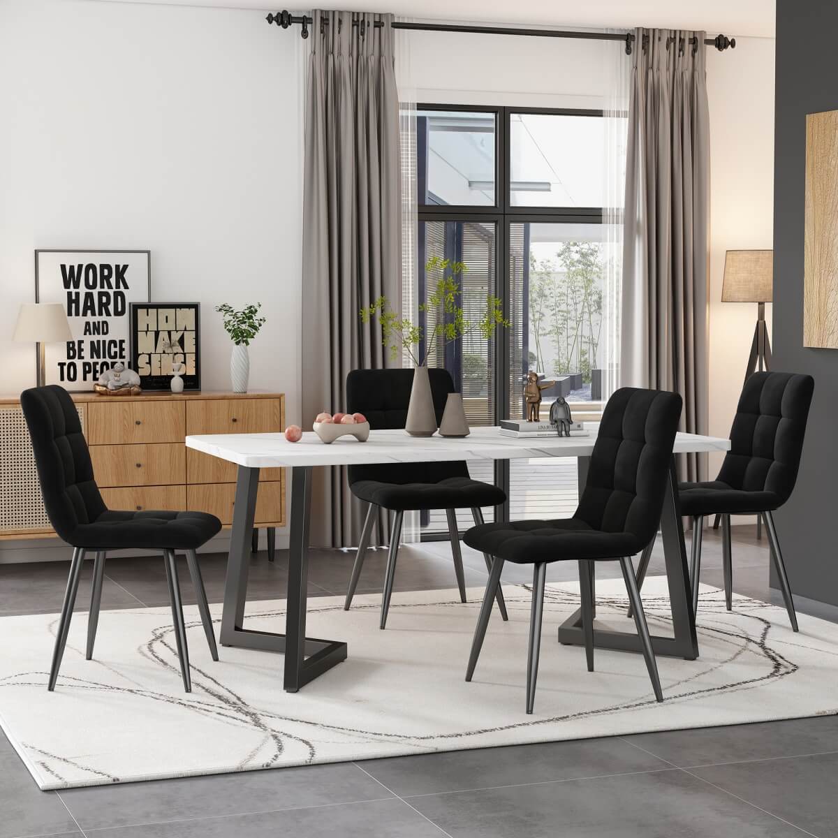 Modern Dining Set for 4 - Black Rectangular Table with Black Velvet Chairs