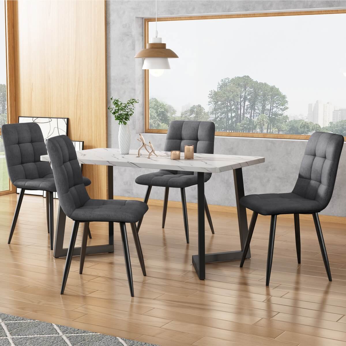 Modern Dining Set for 4 - Rectangular Black Table with Dark Grey Linen Chairs