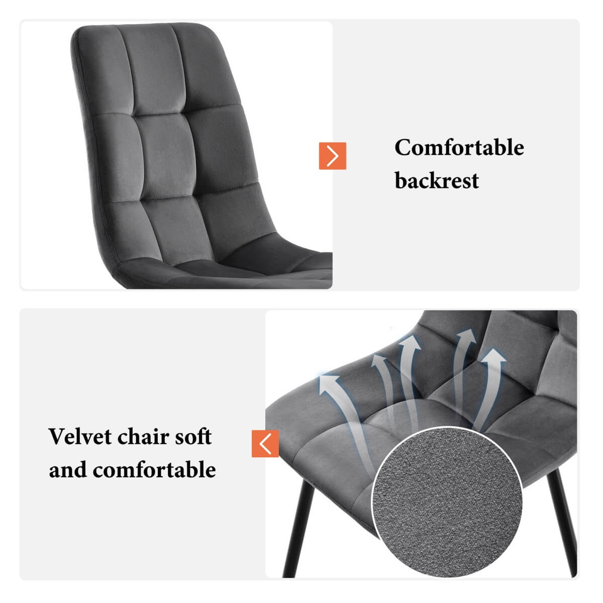 4-Piece Dark Grey Velvet Dining Chairs – Upholstered Backrest, Metal Frame
