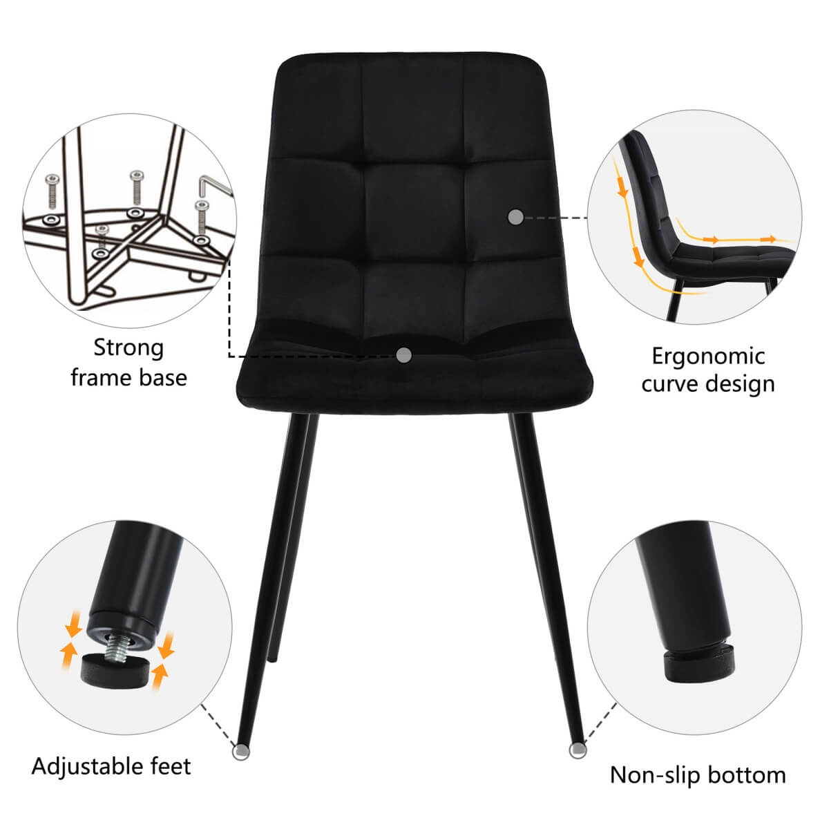 Modern Dining Set for 4 - Black Rectangular Table with Black Velvet Chairs