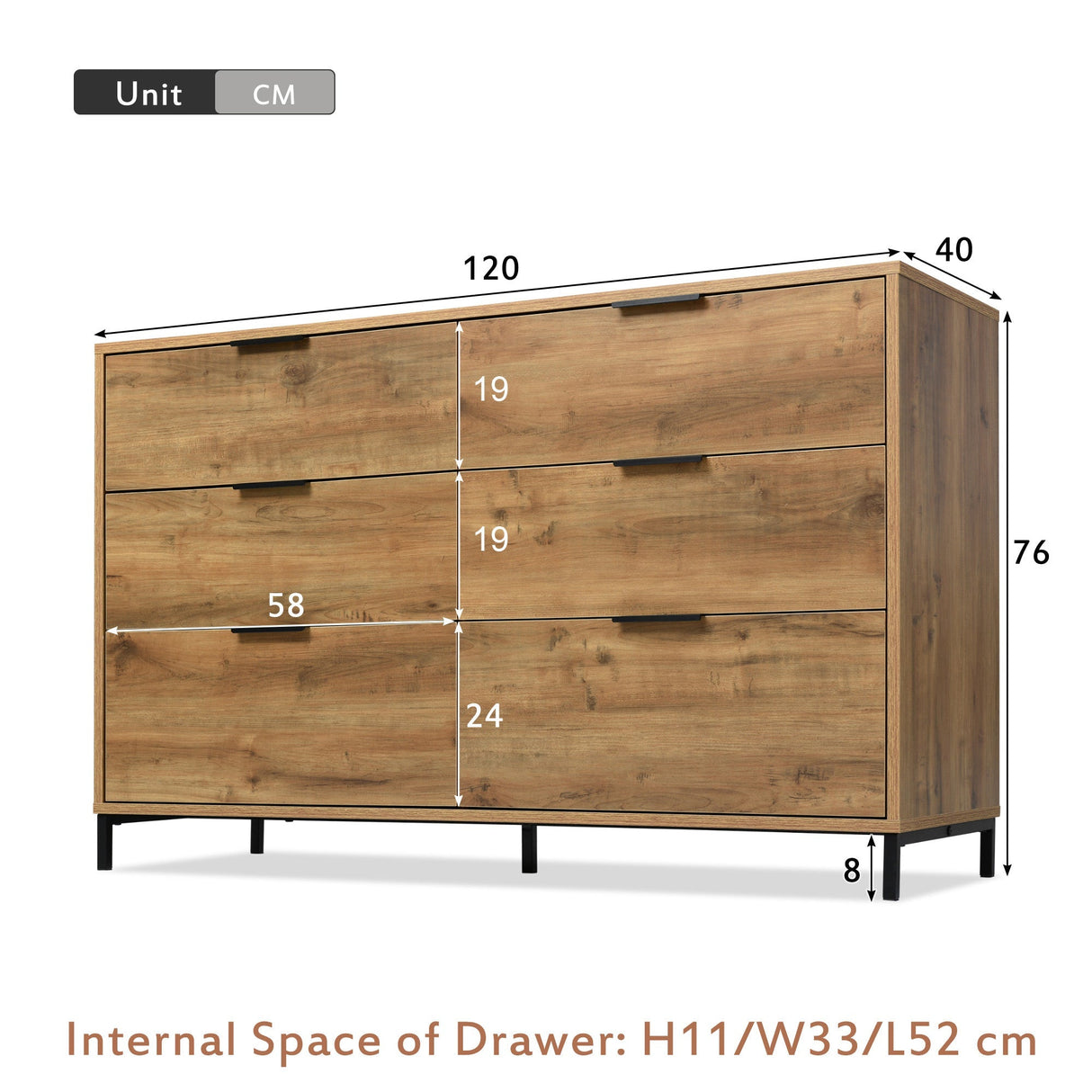 Sideboard Cabinet for Living Room with 6 Drawers, Dark Oak, 40D x 120W x 76H cm