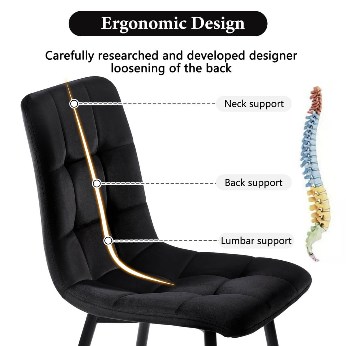 4-Piece Black Velvet Dining Chairs – Upholstered Backrest, Metal Frame