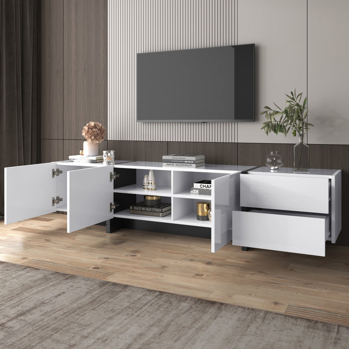 TV Cabinet, Low Panel with Colorblocked Legs, Doors & Drawers, High-Gloss White and Black