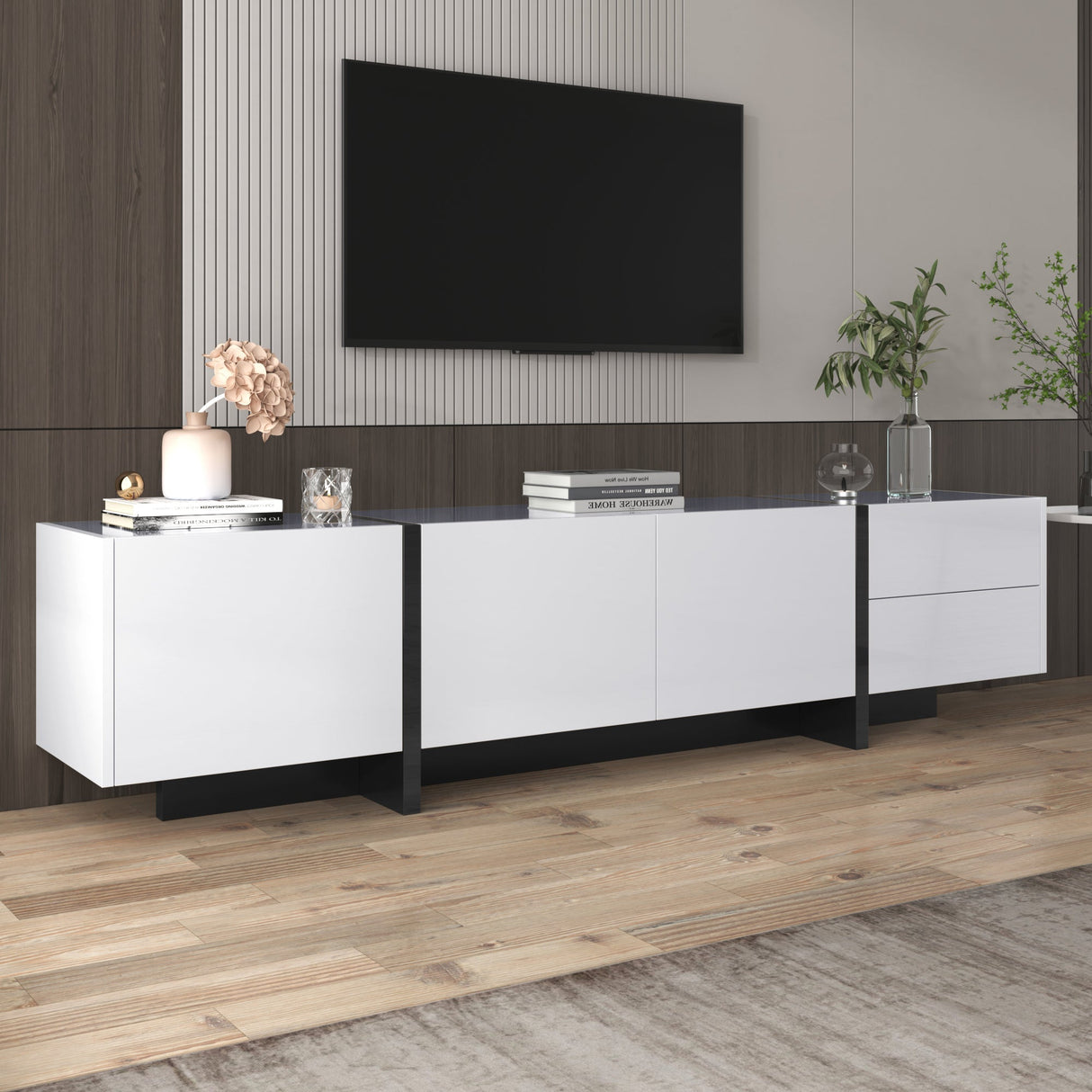 TV Cabinet, Low Panel with Colorblocked Legs, Doors & Drawers, High-Gloss White and Black