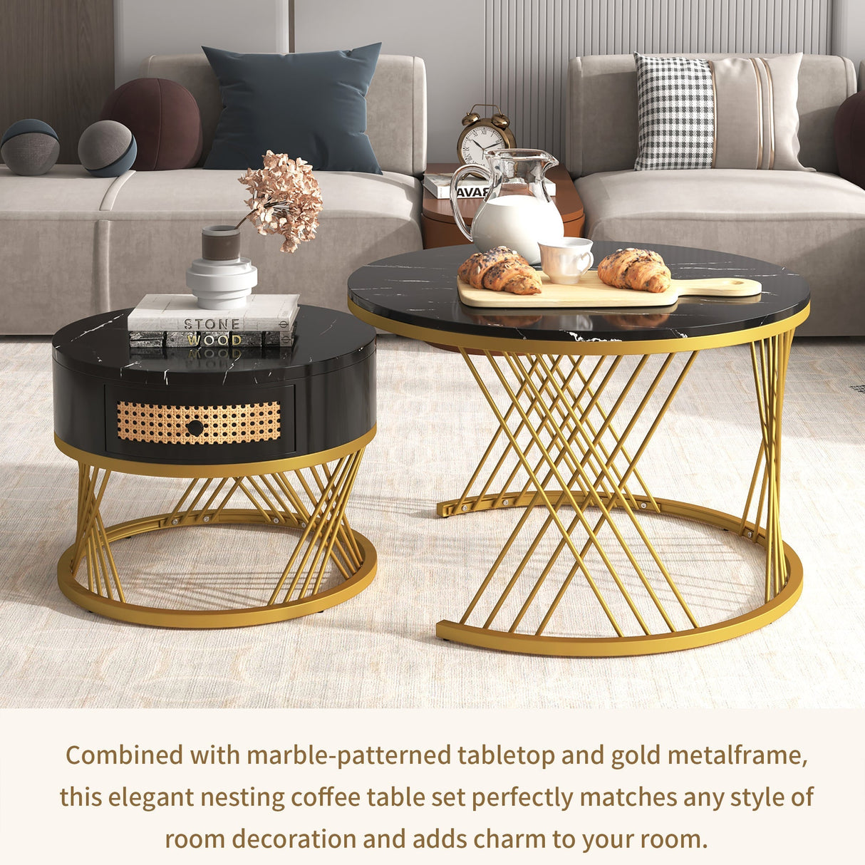 2-in-1 Round Coffee Table with Rattan Drawers and Gold Iron Legs, Marble Grain Veneer Top
