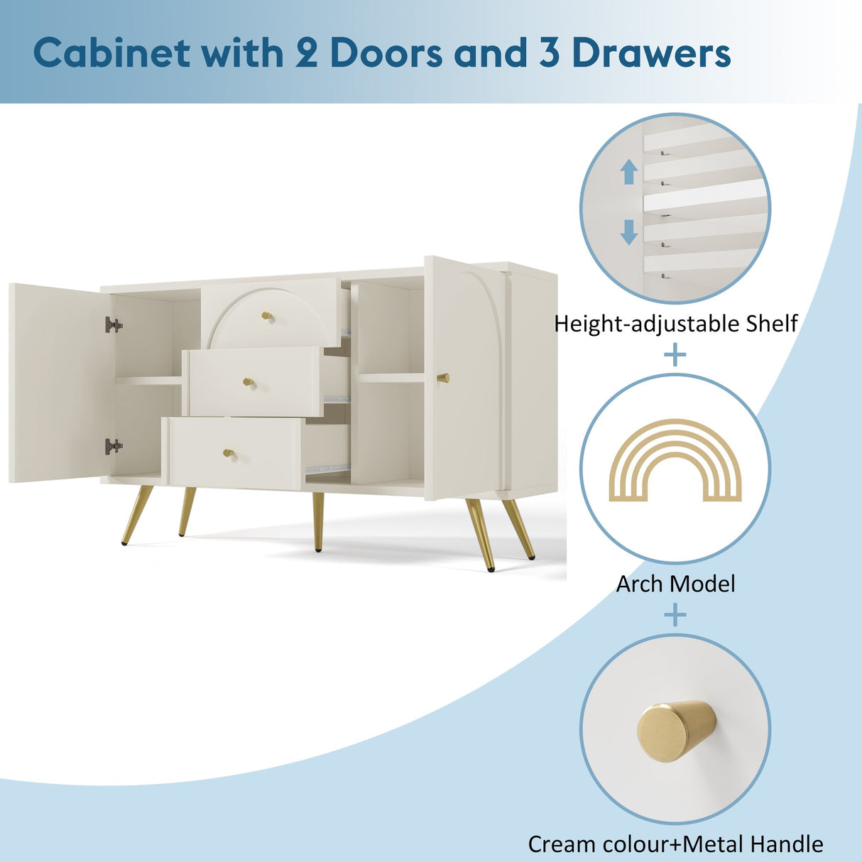 Sideboard Cabinet for Living Room with 2 Doors, 3 Drawers, and Adjustable Shelf, Cream White