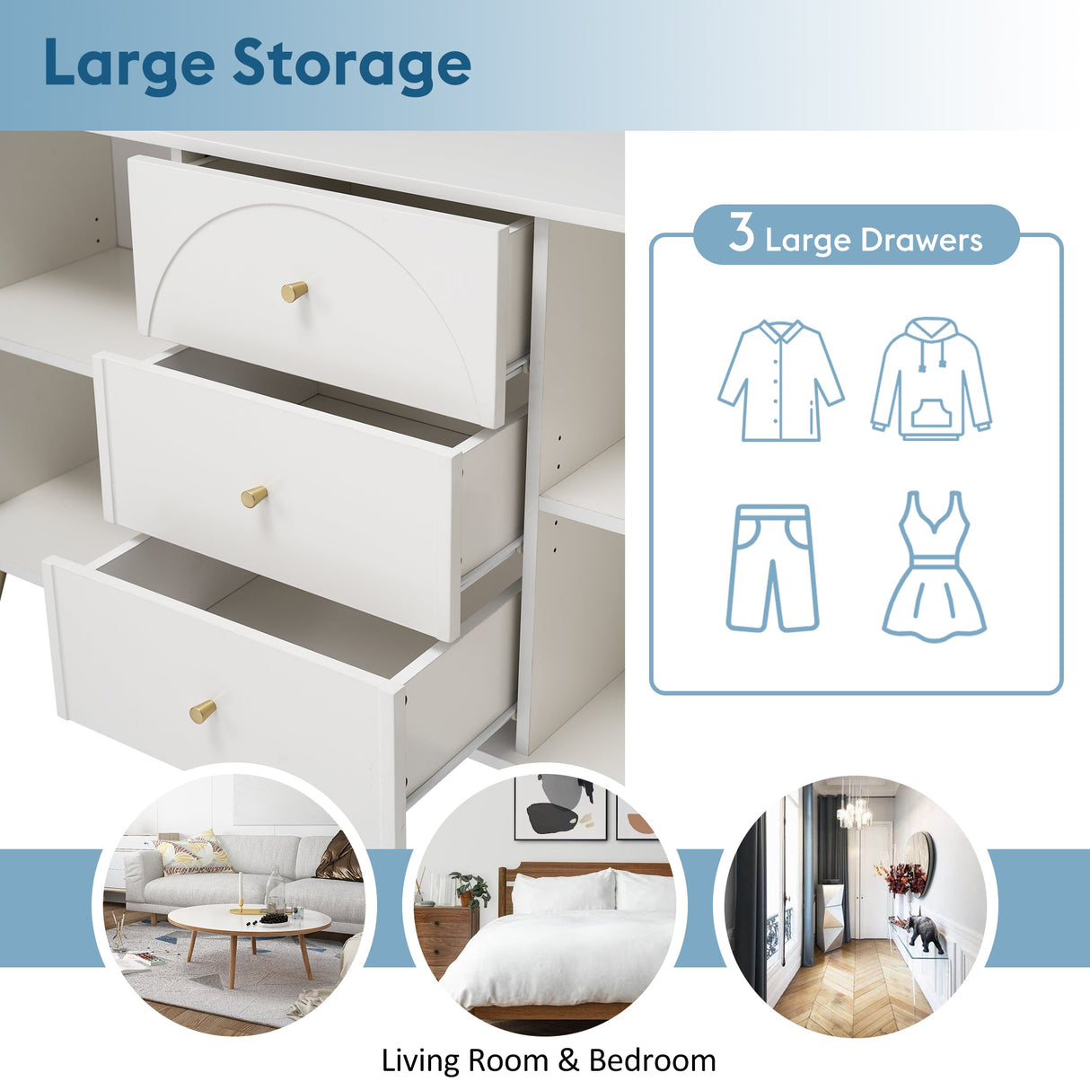 Sideboard Cabinet for Living Room with 2 Doors, 3 Drawers, and Adjustable Shelf, Cream White