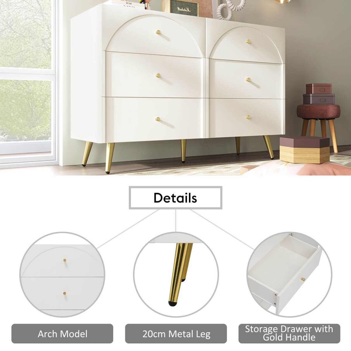 6-Drawer Chest of Drawers - Spacious Bedroom Storage Unit, Cream White