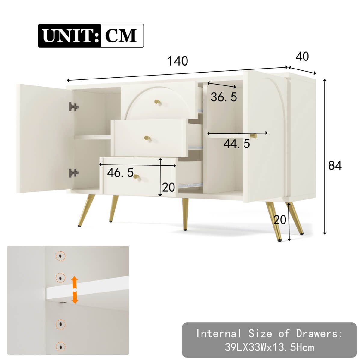 Cream White Sideboard Cabinet with 3 Drawers and 2 Doors - Living Room Storage Cupboard with Adjustable Shelf