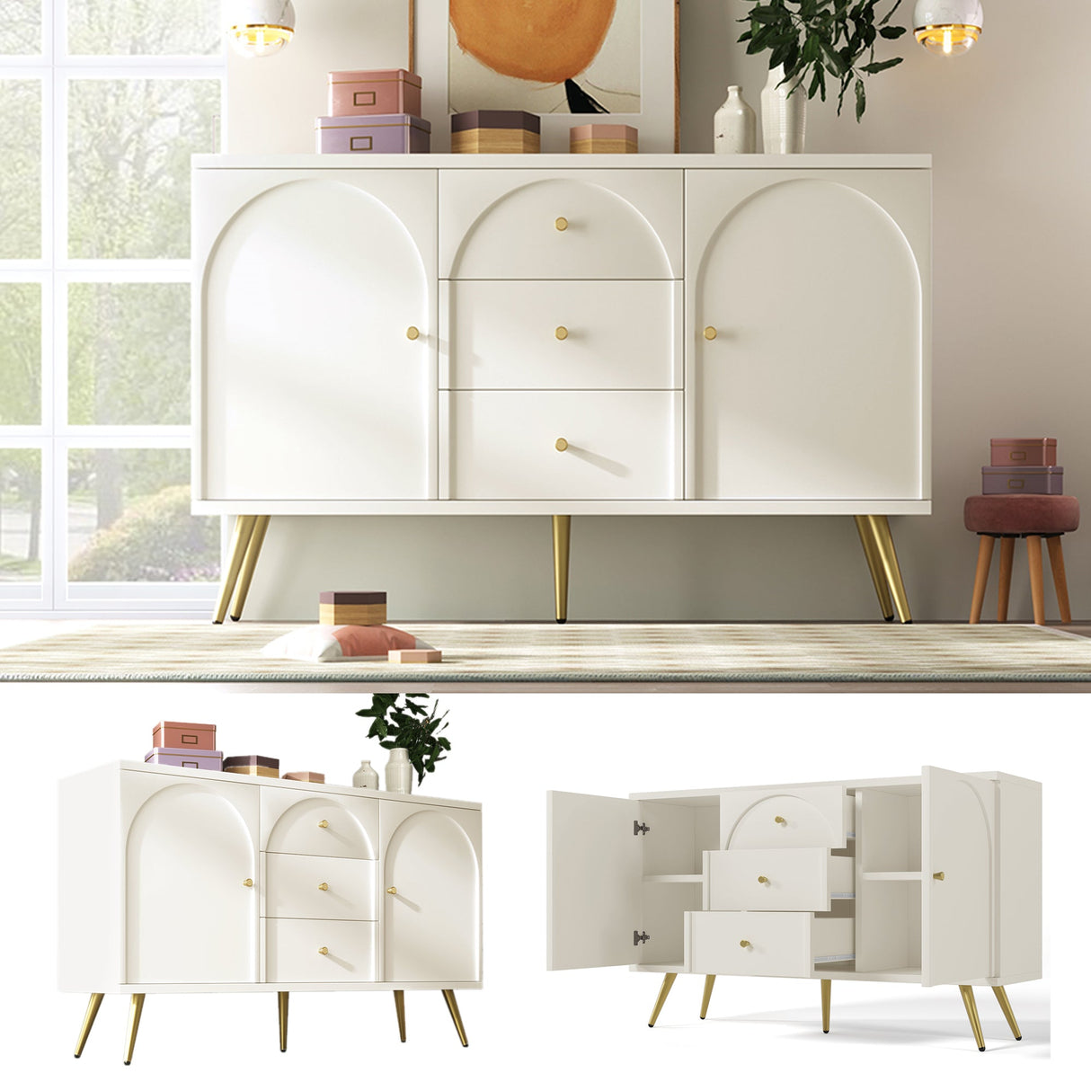 Sideboard Cabinet for Living Room with 2 Doors, 3 Drawers, and Adjustable Shelf, Cream White
