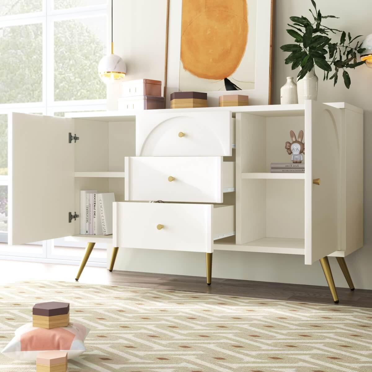 Cream White Sideboard Cabinet with 3 Drawers and 2 Doors - Living Room Storage Cupboard with Adjustable Shelf