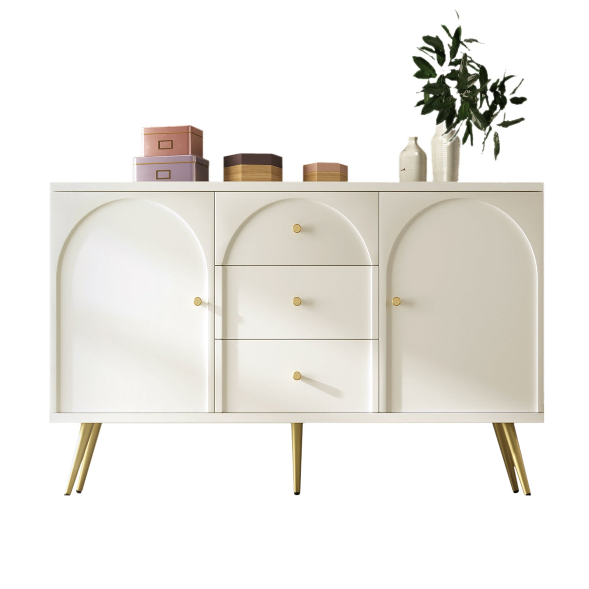Sideboard Cabinet for Living Room with 2 Doors, 3 Drawers, and Adjustable Shelf, Cream White