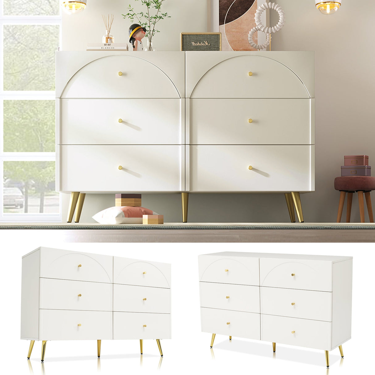 Sideboard Cabinet, 6-Drawer Chest, Living Room Storage, Cream White