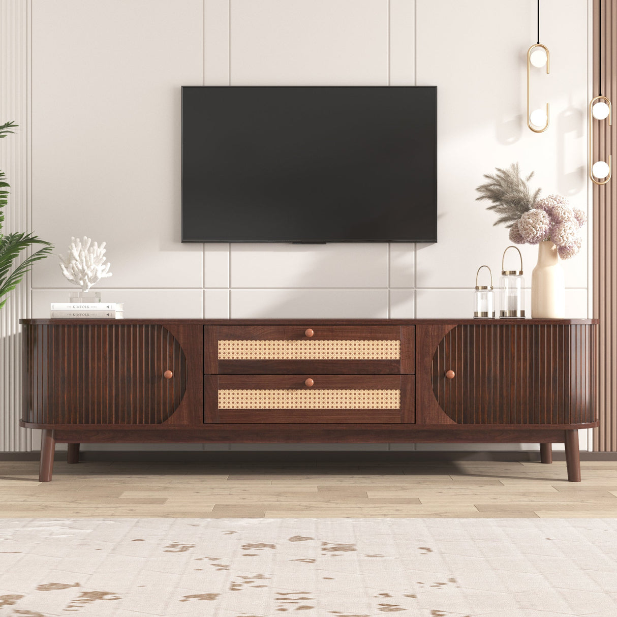 TV Cabinet - Natural Walnut Color Mixed TV Panel with Rattan Drawers