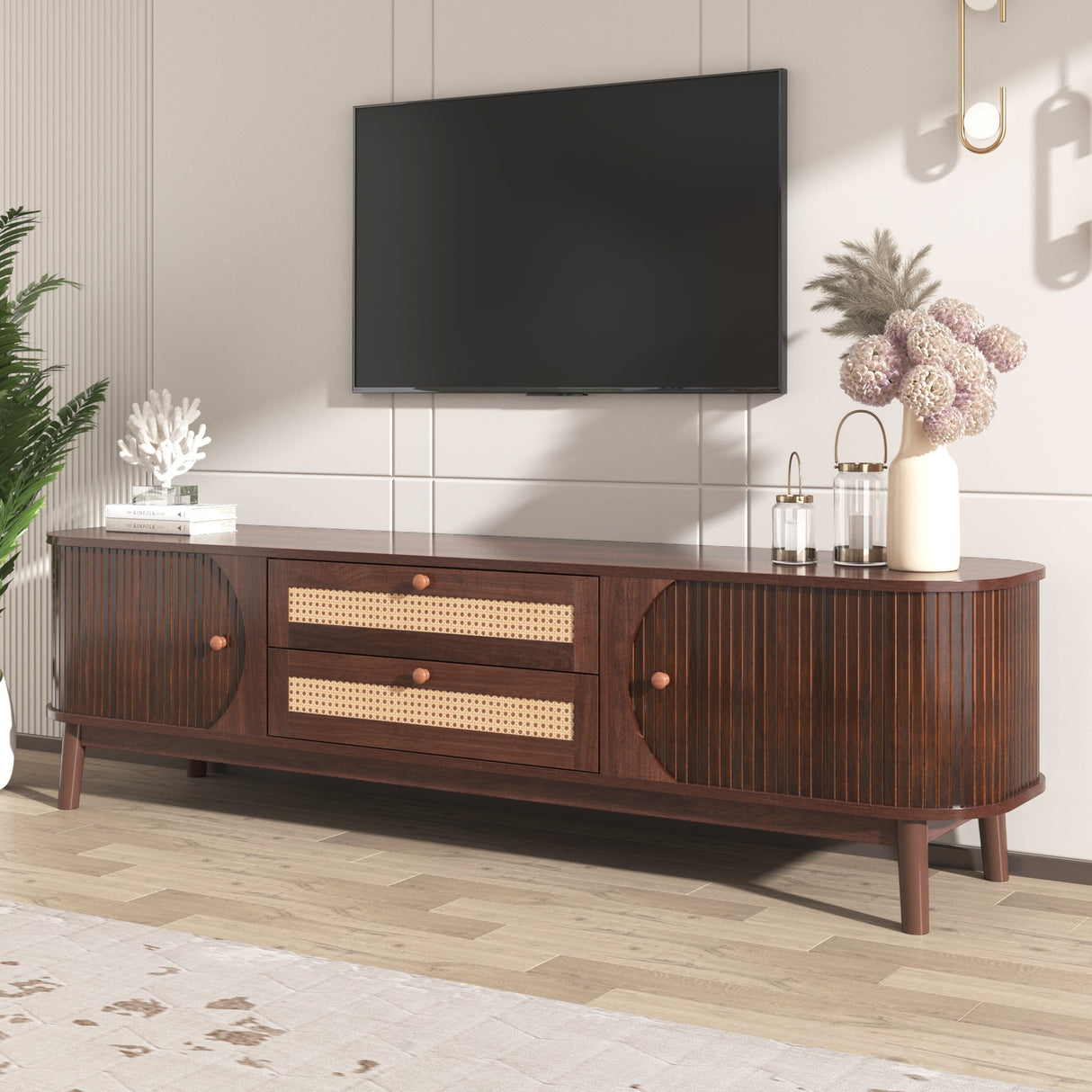 TV Cabinet - Natural Walnut Color Mixed TV Panel with Rattan Drawers