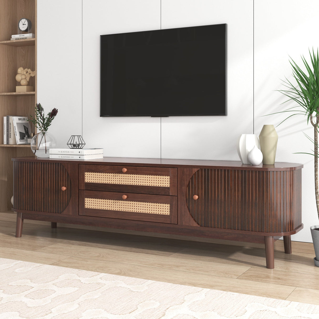 TV Cabinet - Natural Walnut Color Mixed TV Panel with Rattan Drawers