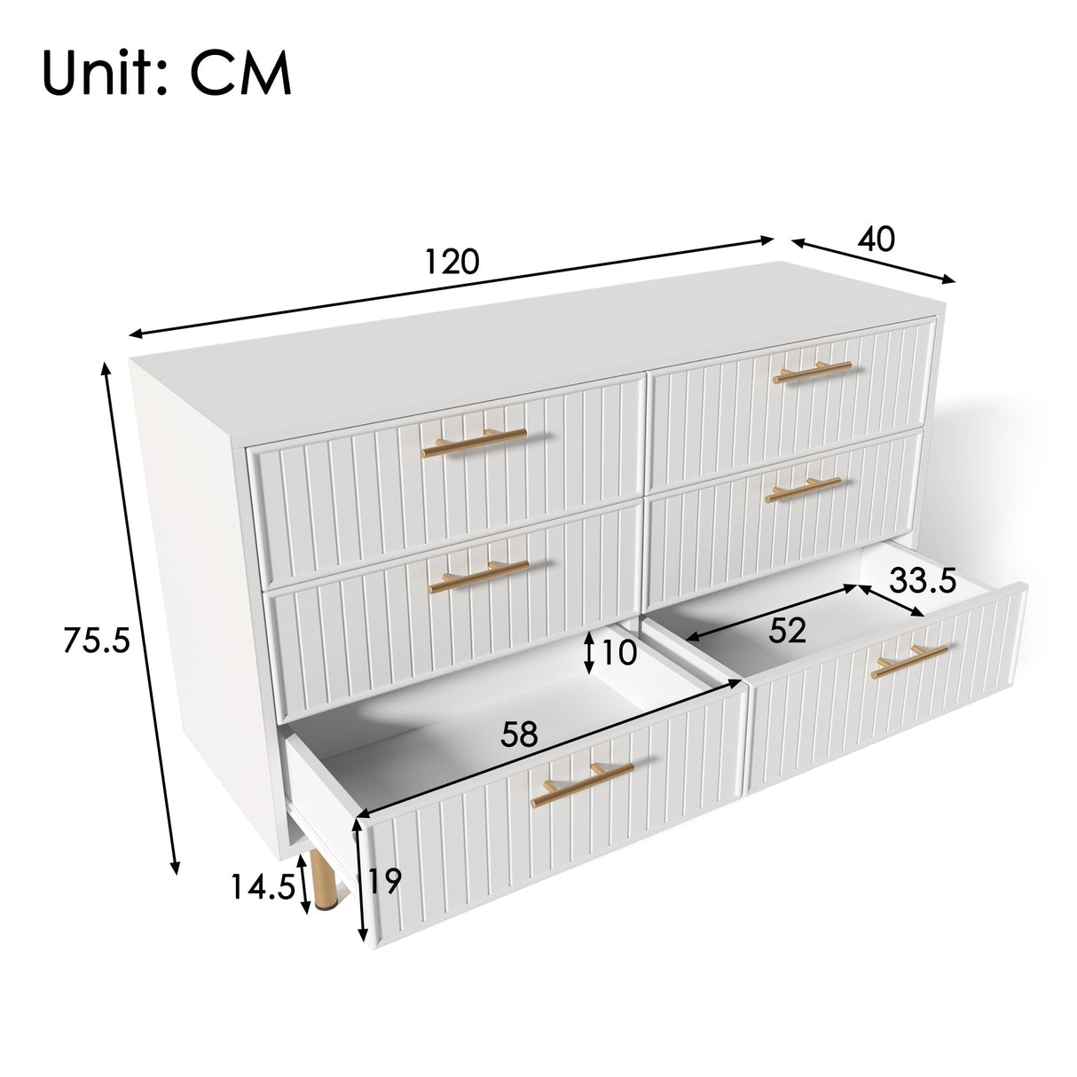 Sideboard Cabinet for Living Room, Chest of 6 Drawers, White, 40D x 120W x 75H CM