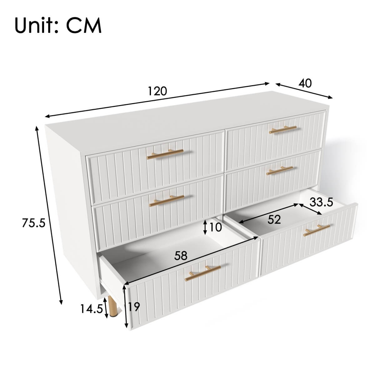 6-Drawer Chest of Drawers - Living Room Storage Unit with Spacious Drawers, White